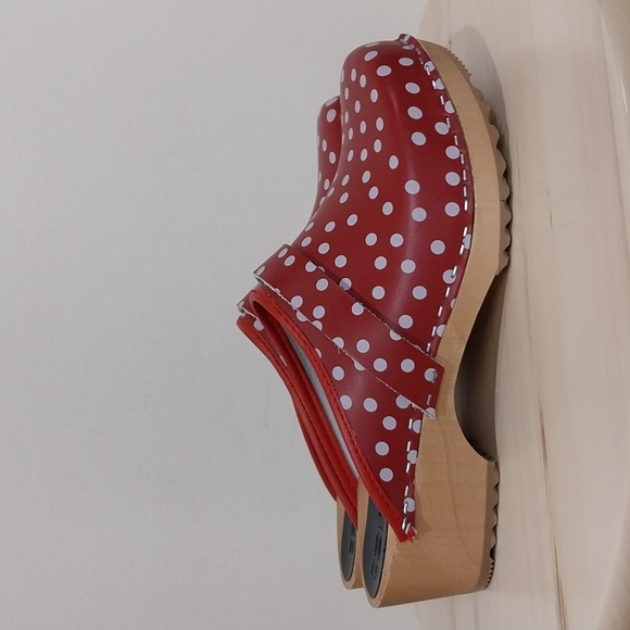 BJork Swedish Comfort Red Polka Dot Clogs Size 39 Woodend Wedge Mule Clog Shoes - Picture 9 of 14